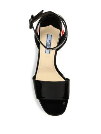 Shop Prada Flower-heel Patent Leather Ankle-strap Sandals In Black