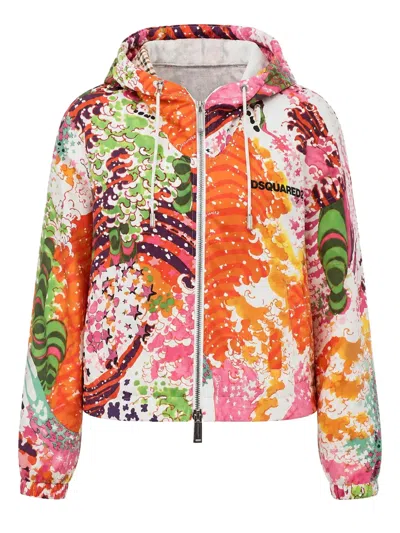 Dsquared2 Printed Oversized Jacket With Hood In Multi