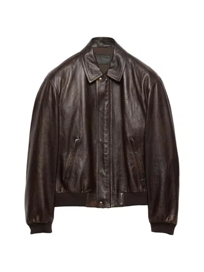 Prada Nappa Leather Bomber Jacket In Brown