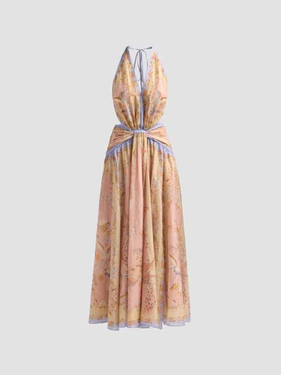 Zimmermann Indra Plunge Printed Metallic Cotton And Silk-blend Halterneck Maxi Dress In Brown