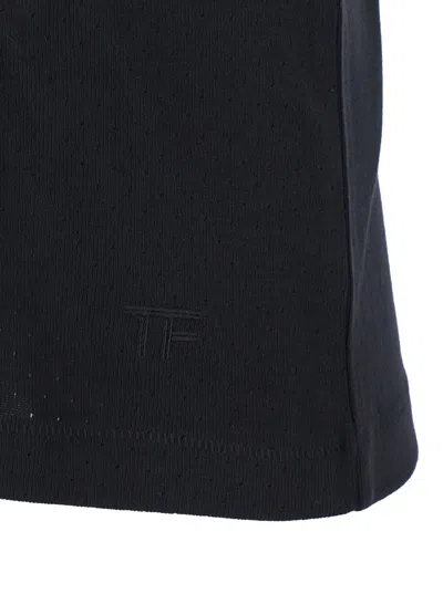 Tom Ford Black Crewneck T-shirt With Logo Embroidery On The Front In Cotton Blend Man In Black
