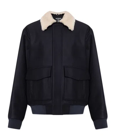 Balmain Shearling-collar Bomber Jacket In Blue