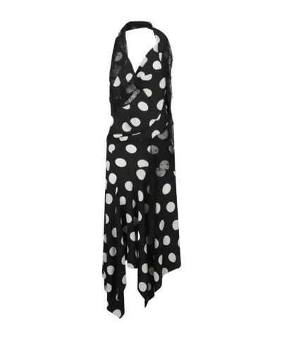 Junya Watanabe Polka Dot Halter Midi Dress Asymmetric Lace In Black
