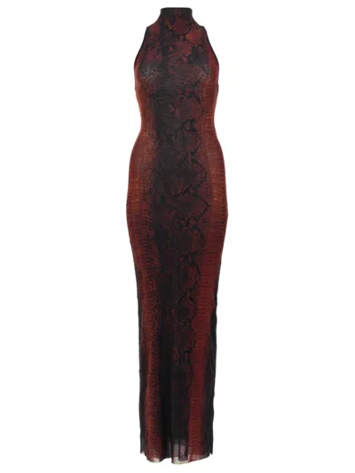 Jean Paul Gaultier Multicolor Snake Print High Neck Polyamide Maxi Dress In Black