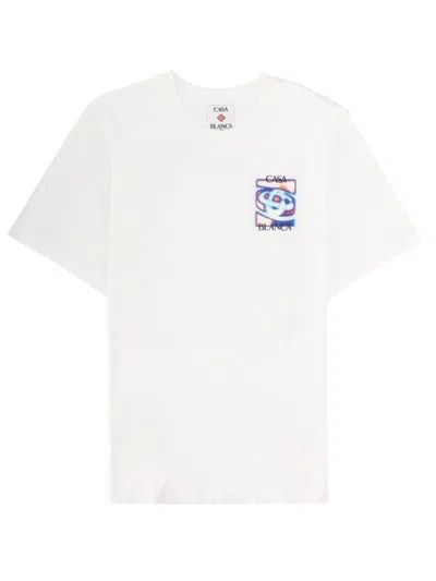 Casablanca Men White Crewneck T-shirt With Logo Detail On The Front And Maxi Logo On The Rear In Cot