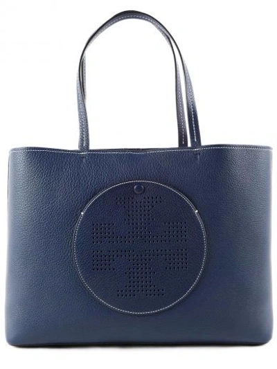 Shop Tory Burch Perforated Logo Tote In Royal Navy/cherry Apple