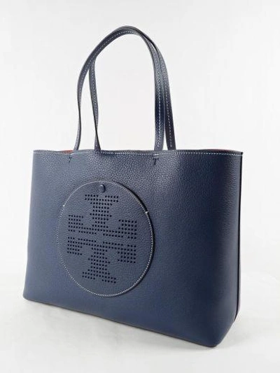 Shop Tory Burch Perforated Logo Tote In Royal Navy/cherry Apple