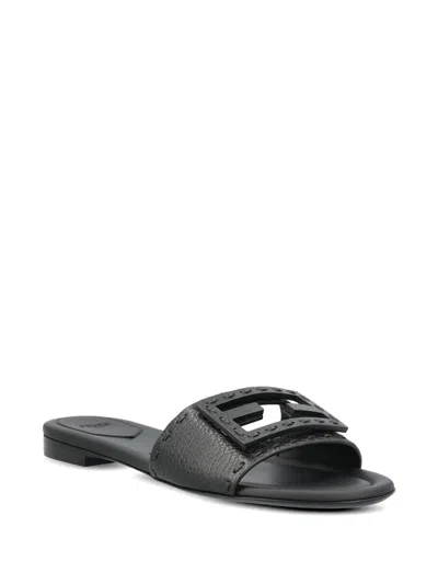 Fendi Flat Sole Open Toe Textured Strap Slides In Black