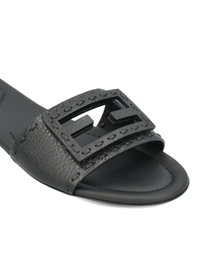 Fendi Flat Sole Open Toe Textured Strap Slides In Black