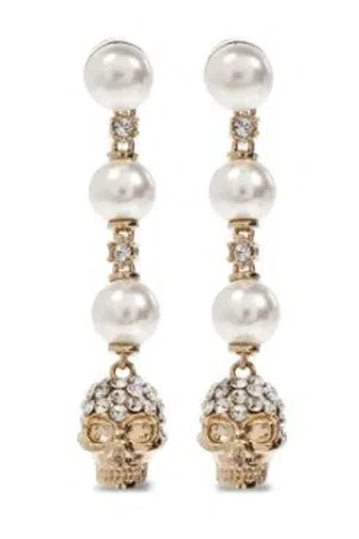 Alexander Mcqueen Skull And Pearl Earrings In Pale Gold Accessories In Gold