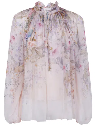 Zimmermann 'rebellion' Multicolor Blouse With Bow Detail On The Front And All-over Floral Motif In Viscose Woma