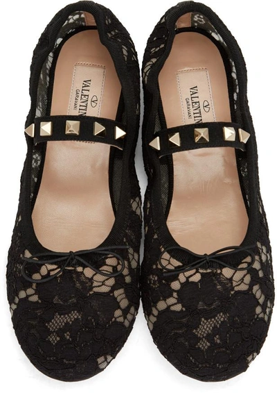 Shop Valentino Black  Garavani Lace Rockstud Ballerina Flats