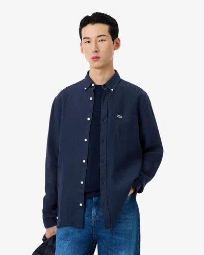 Lacoste Embroidered Crocodile Detail Blue Lino Shirt In Black
