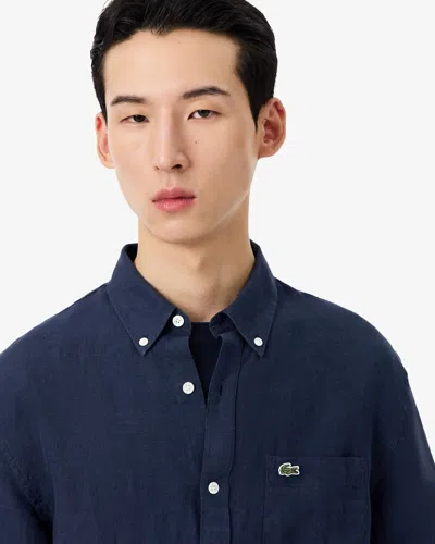 Lacoste Embroidered Crocodile Detail Blue Lino Shirt In Black