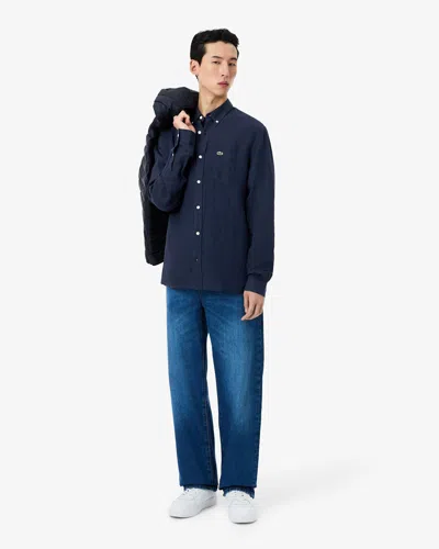 Lacoste Embroidered Crocodile Detail Blue Lino Shirt In Black
