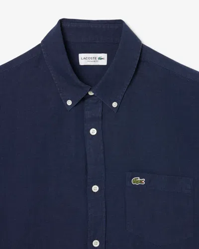 Lacoste Embroidered Crocodile Detail Blue Lino Shirt In Black