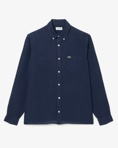 Lacoste Embroidered Crocodile Detail Blue Lino Shirt In Black