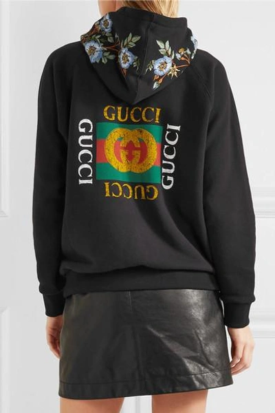 Shop Gucci Embroidered Printed Cotton-jersey Hooded Top In Black