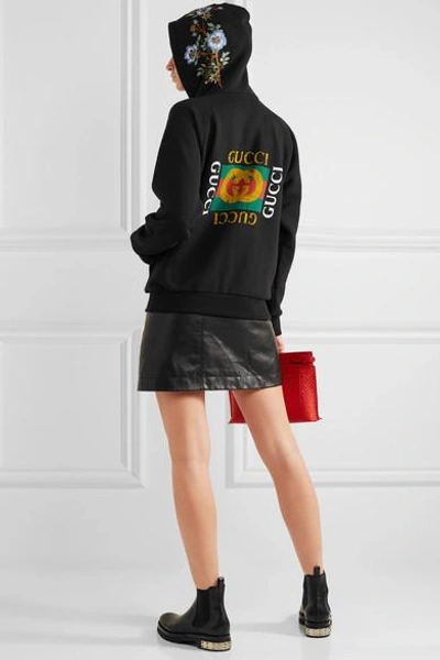 Shop Gucci Embroidered Printed Cotton-jersey Hooded Top In Black