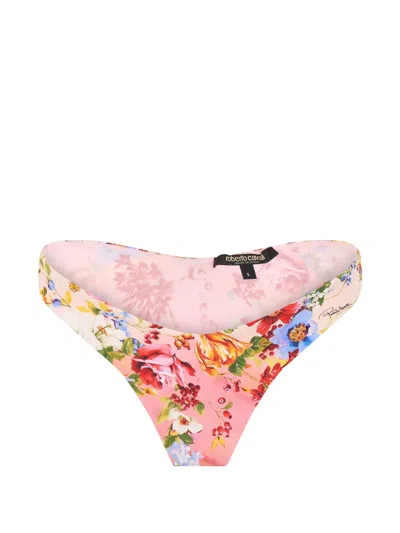 Roberto Cavalli Floral-print Logo-plaque Bikini Bottoms In Pink