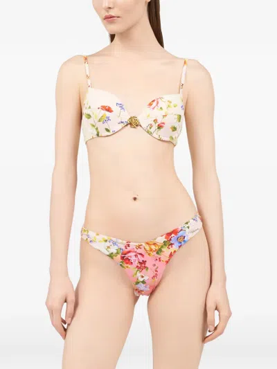 Roberto Cavalli Floral-print Logo-plaque Bikini Bottoms In Pink