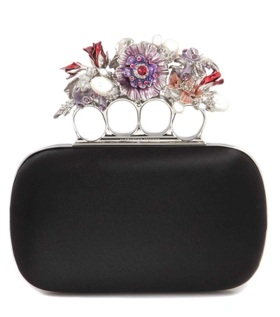 Shop Alexander Mcqueen Knuckle Short Embellished Silk-satin Box Clutch In Llack