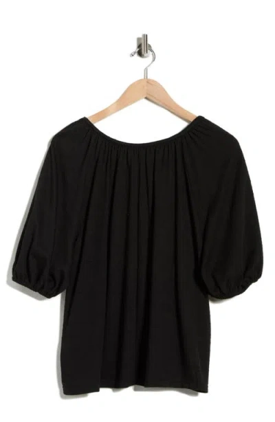 Max Studio Split Neck Puff Sleeve Top In Black
