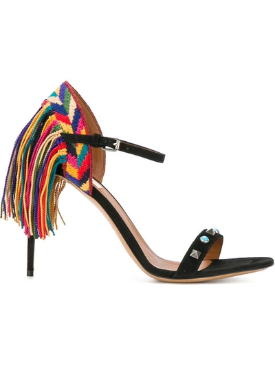 Valentino Garavani Rockstud Rolling Embroidered Fringed Suede Sandals In Black