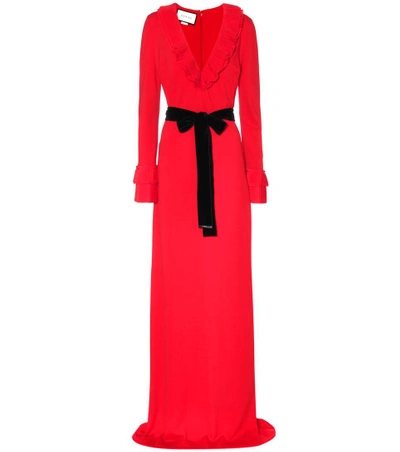 Gucci Velvet-trimmed Ruffled Stretch-crepe Gown In Red