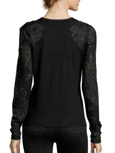 Shop Elie Tahari Elm Applique Merino Wool Sweater In Black
