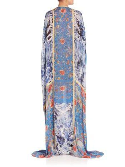 Shop Roberto Cavalli Printed Silk Caftan Gown In Enchanted Garden Pheonix Print