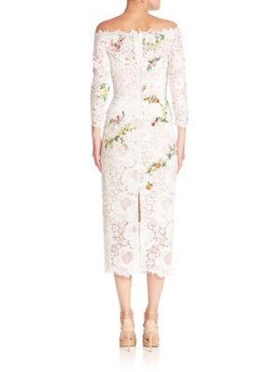 Shop Monique Lhuillier Embroidered Off-the-shoulder Lace Dress In Silk White