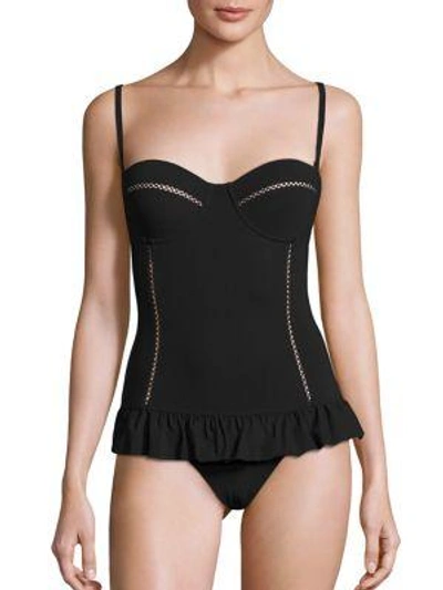 Shop Tory Burch Swim Solid Flounce One-piece Swimsuit In Black