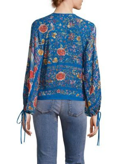 Shop Roberto Cavalli Tie-detail Floral-print Georgette Blouse In Celeste Blue-multi