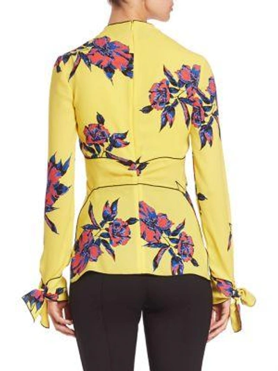 Shop Proenza Schouler Front Knot Silk Georgette Top In Yellow Blue Lily Print
