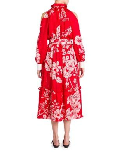Shop Fendi Cold-shoulder Floral Print Dress In Red-white