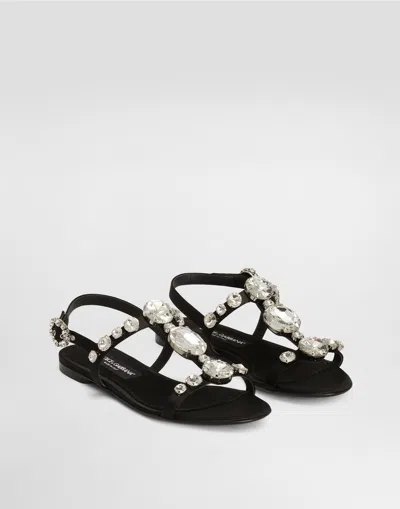 Dolce & Gabbana Women Black Sandals With Embroidered Stones Decorations In Satin Woman In Black