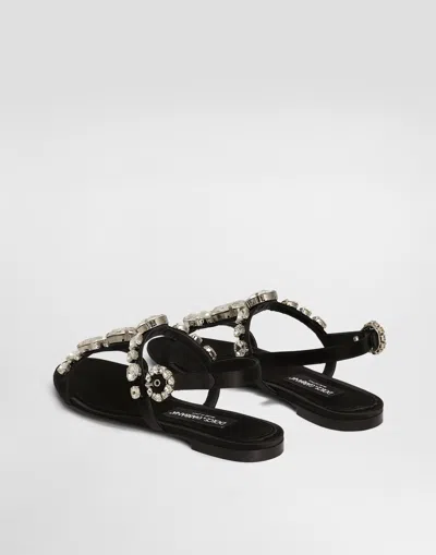 Dolce & Gabbana Women Black Sandals With Embroidered Stones Decorations In Satin Woman In Black