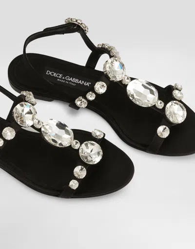 Dolce & Gabbana Women Black Sandals With Embroidered Stones Decorations In Satin Woman In Black