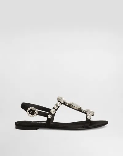Dolce & Gabbana Women Black Sandals With Embroidered Stones Decorations In Satin Woman In Black