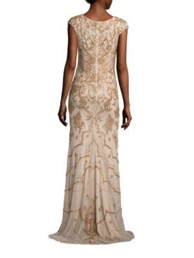 Shop Theia Beaded Cap Sleeve Gown In Ochre