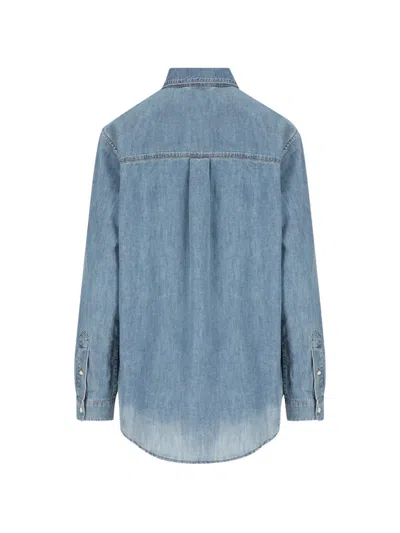 Miu Miu Logo Embroidery Chambray Denim Shirt In Blue
