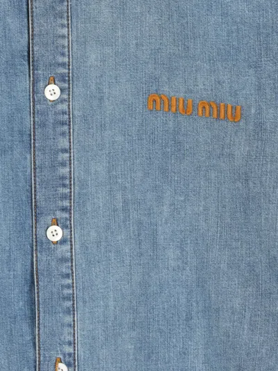 Miu Miu Logo Embroidery Chambray Denim Shirt In Blue