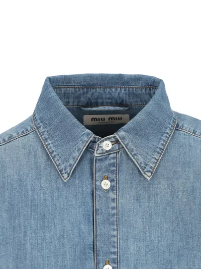 Miu Miu Logo Embroidery Chambray Denim Shirt In Blue