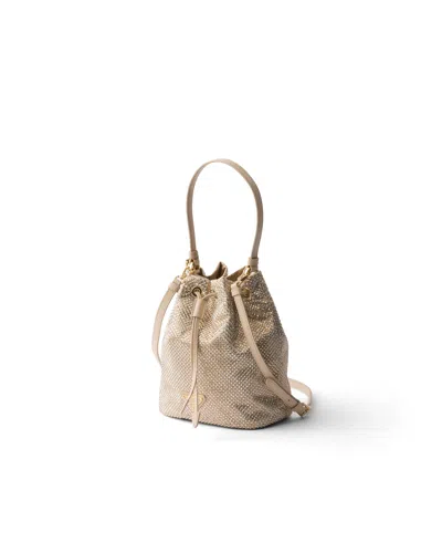 Prada Mini Crystal-embellished Drawstring Bucket Bag In Brown
