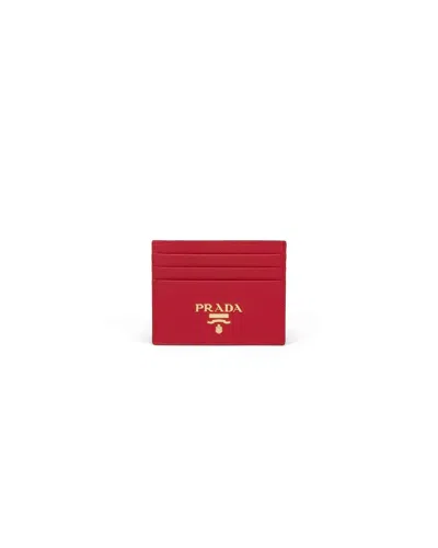 Prada Logo Saffiano Leather Card Case In Fiery Red