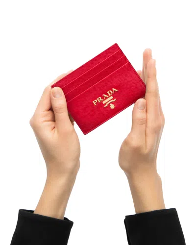 Prada Logo Saffiano Leather Card Case In Fiery Red