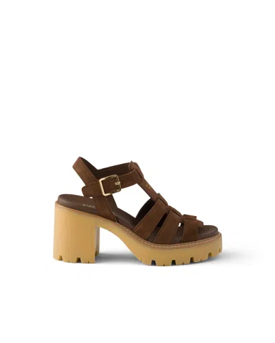 Prada High-heeled Suede Platform Sandals In Brown
