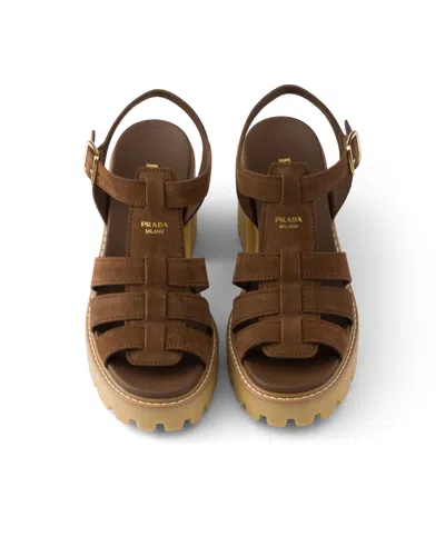 Prada High-heeled Suede Platform Sandals In Brown