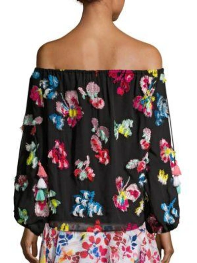 Shop Tanya Taylor Tessa Embroidered Tassel Silk Off-the-shoulder Top In Black